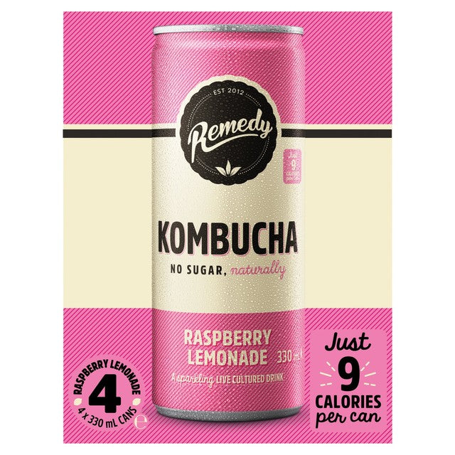 Remedy Kombucha Raspberry Lemonade 4 x 330ml, imported from the UK