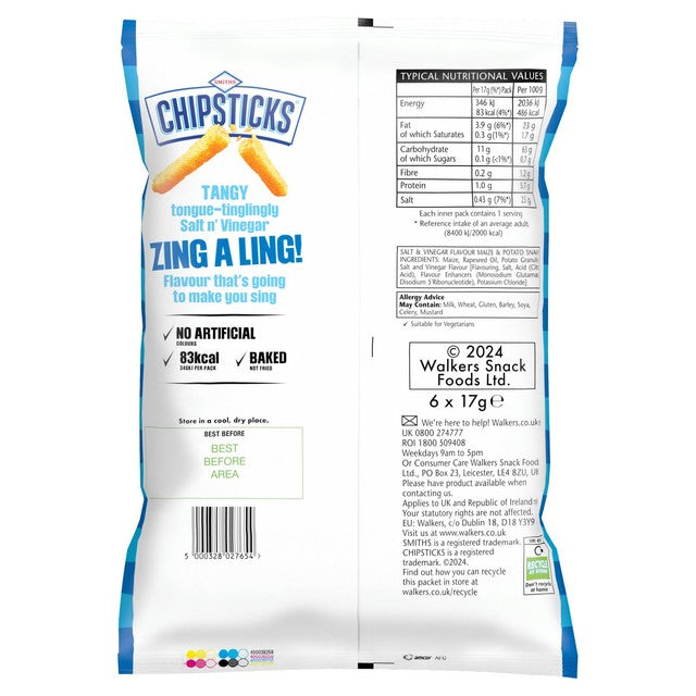 Smiths Chipsticks Salt & Vinegar crisps multipack 6x17g - British product