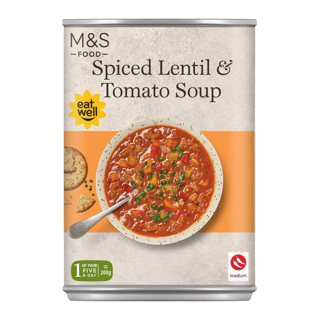 M&S spiced lentil and tomato soup 400g, imported from the UK