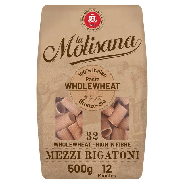 La Molisana wholewheat rigatoni pasta 500g, imported from the UK