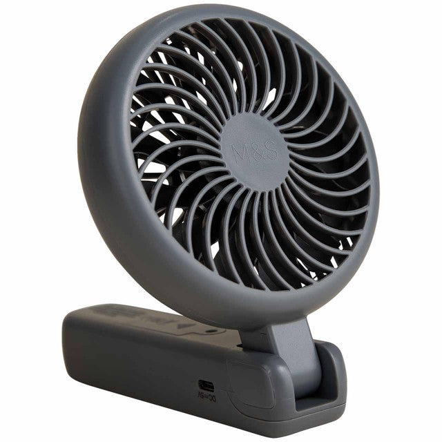 M&S charcoal USB travel fan with flexible hinge, imported from the UK