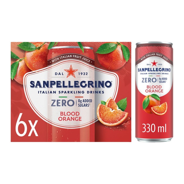 San Pellegrino Zero Blood Orange sparkling drink 6x330ml cans (British brand)