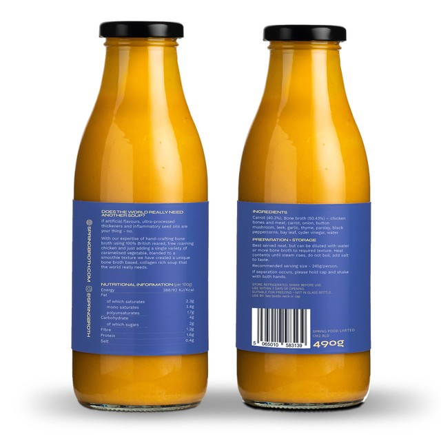 Spring Caramelised Carrot and Blonde Chicken Bone Broth Soup 490g (British brand)