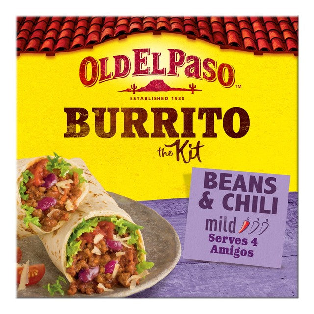 Old El Paso Mexican beans & beef chili mild burrito kit 620g, imported from the UK