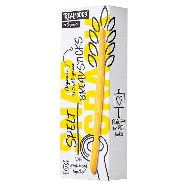 Realfoods by Organico organic spelt breadsticks 120g, imported from the UK