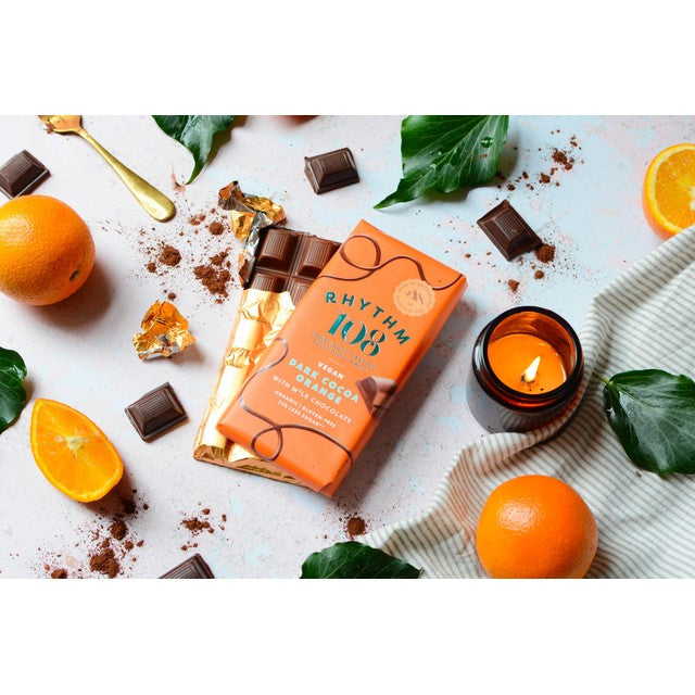 Rhythm 108 dark chocolate bar orange cream 100g, imported from the UK