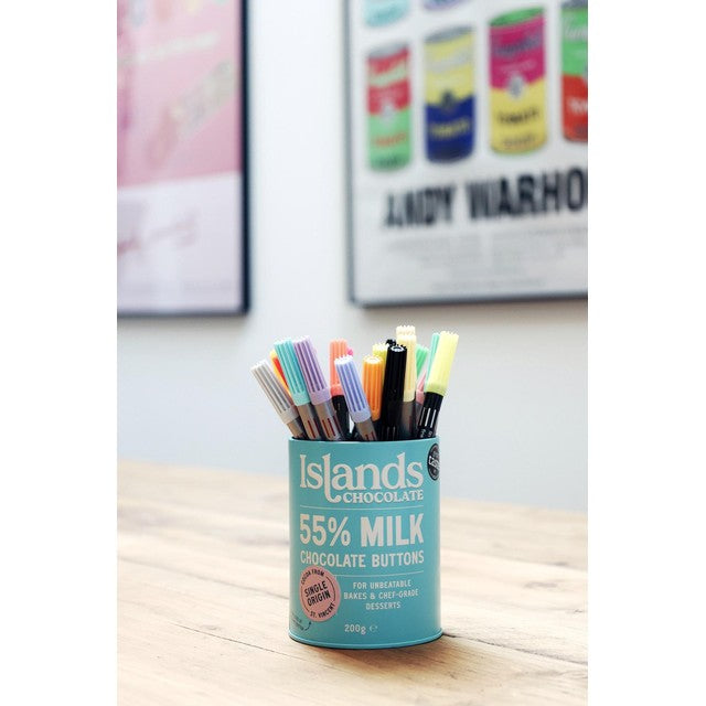 Islands 55% milk chocolate button tin 200g, UK version