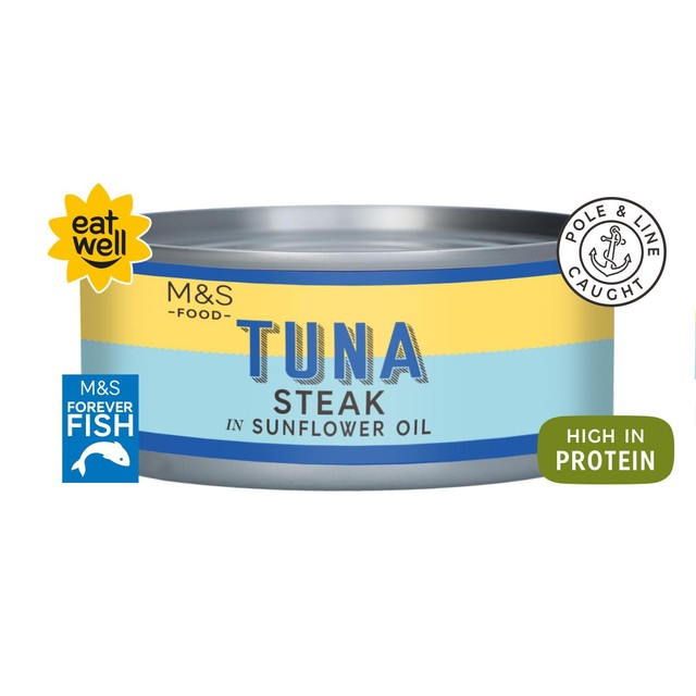 M&S canned tuna steak in sunflower oil 200g, imported from the UK