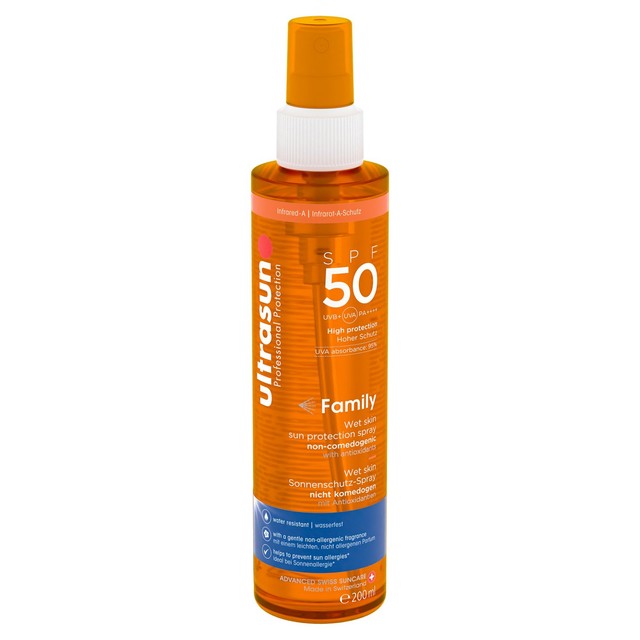 Ultrasun SPF50 wet skin spray, imported from the UK