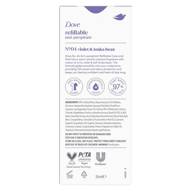 Dove No4 Violet and Tonka Bean refillable antiperspirant kit, imported from the UK