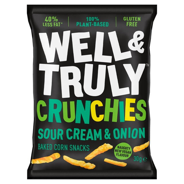 Well & Truly sour cream and onion corn snacks 30g (British brand)