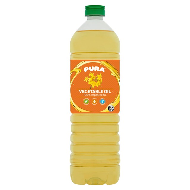 Pura vegetable oil made from rapeseed in a bottle, imported from the UK