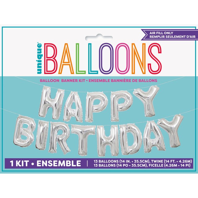 Unique Party Silver Happy Birthday foil balloon banner kit (British brand)