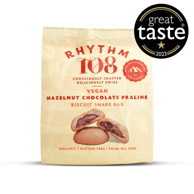 Rhythm 108 vegan hazelnut chocolate praline biscuits 135g, imported from the UK