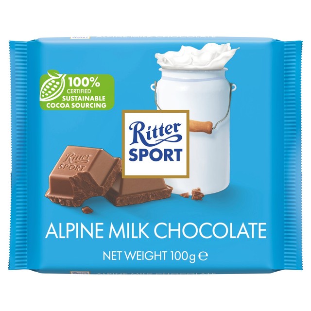 Ritter Sport Alpine milk chocolate bar 100g, imported from the UK