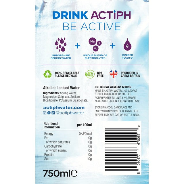 ACTIPH alkaline ionised water 750ml - British product