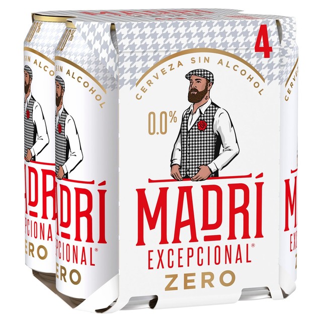 Madri Excepcional 0% lager can, imported from the UK