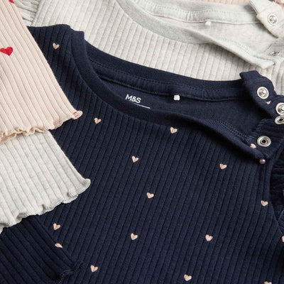 M&S Herz-Print Baumwoll-Oberteile Langarm Marine Baby 0-3 Monate