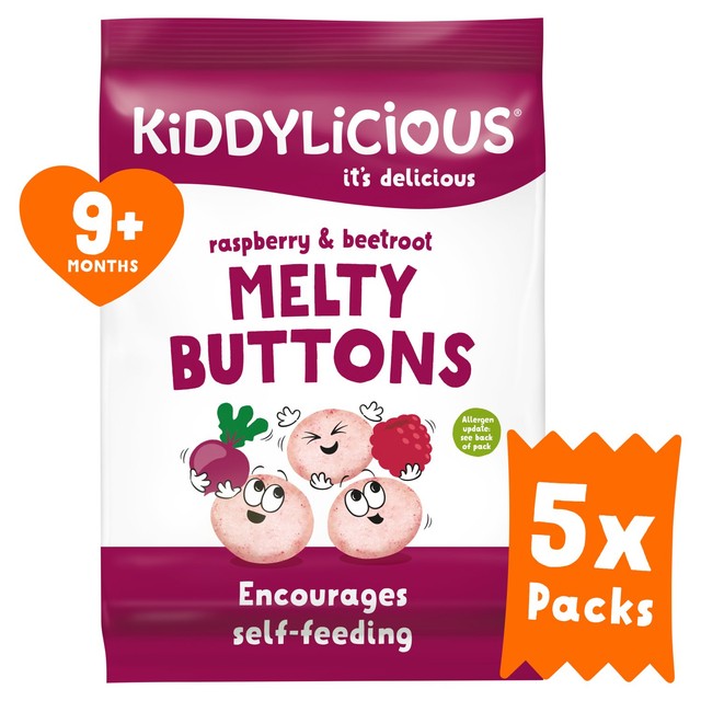 Kiddylicious Raspbery & Beetroot Melty Buttons baby snacks 5 x 6g, UK version