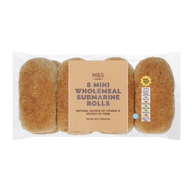 M&S Mini Wholemeal Submarine Rolls 8 pack, imported from the UK
