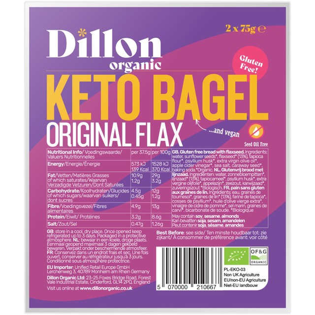 Dillon Organic Keto Bagel Original Flax 2-pack, UK version