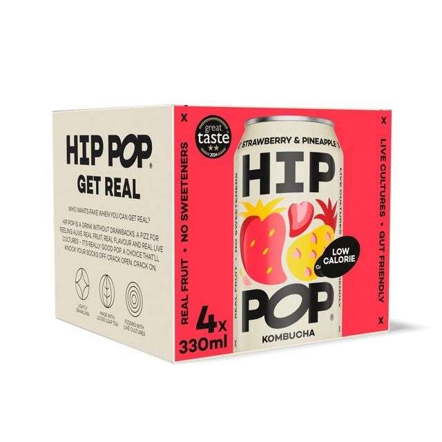 Hip Pop strawberry and pineapple kombucha 4 x 330ml, UK version
