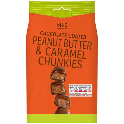 ألواح صغيرة M&S M&S Chocolate Coated Peanut Butter & Caramel Chunkies 130 جرام - اشترِ عبر الإنترنت من McGrocer