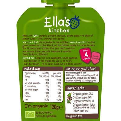 Ella's Kitchen Birne, Erbsen & Brokkoli Bio Babynahrung Beutel 120g