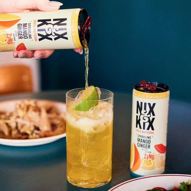 Nix & Kix lightly sparkling mango ginger cayenne drink in a can, imported from the UK