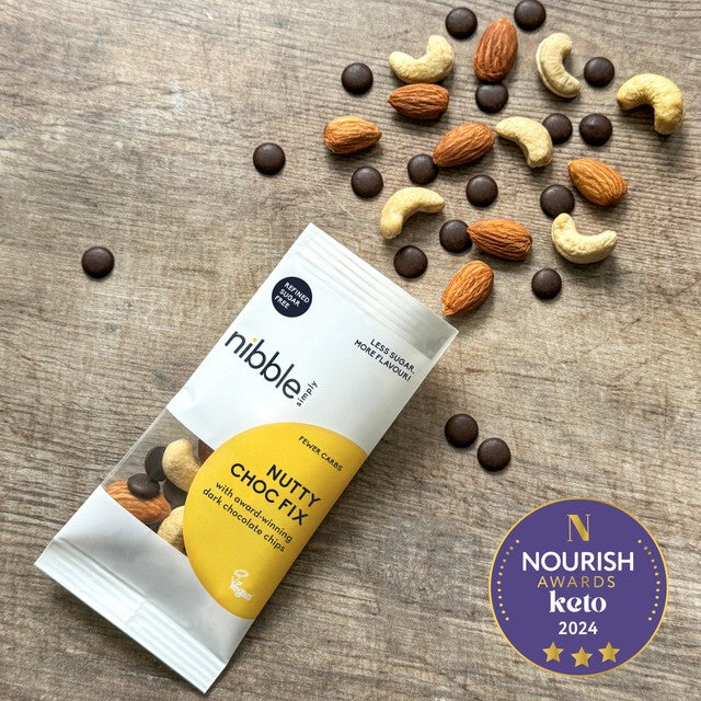 Nibble Simply Nutty Choc Fix trail mix 32g, imported from the UK