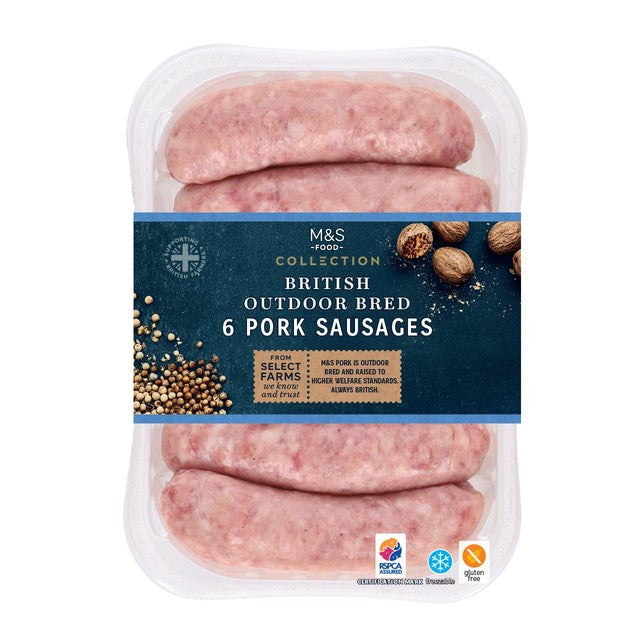 M&S outdoor-bred gluten-free pork sausages 400g, imported from the UK