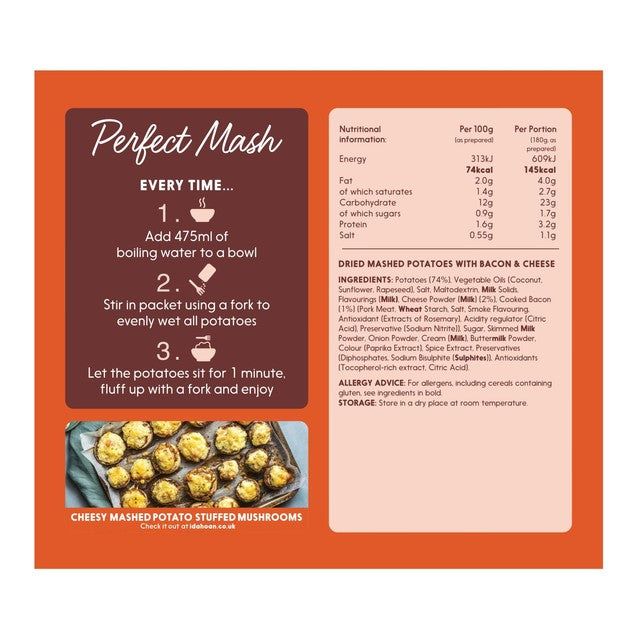 Idahoan cheese and bacon instant mash 109g, UK version