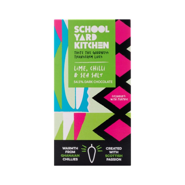 School Yard dark chocolate bar with lime, chilli and sea salt, imported from the UK