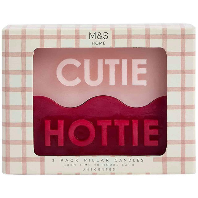 M&S Hottie & Cutie unscented pillar candles, imported from the UK