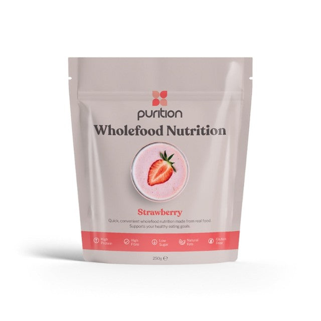Purition Wholefood Nutrition Powder Strawberries 250g, imported from the UK