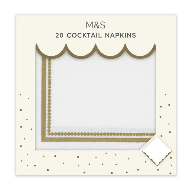 M&S white gold paper cocktail napkins 25cm, imported from the UK