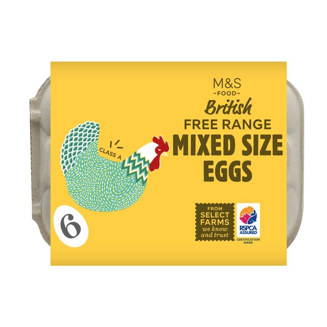 M&S free range mixed size eggs 6 pack, imported from the UK
