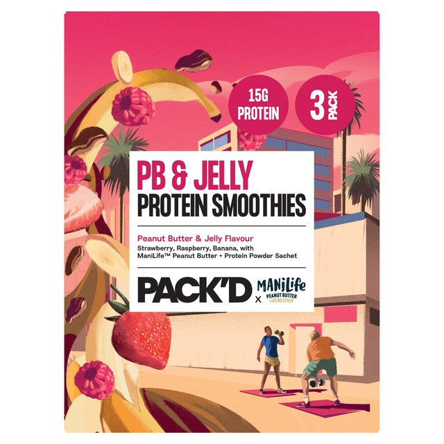 Pack'd peanut butter and jelly protein smoothie kit 3x142g, imported from the UK
