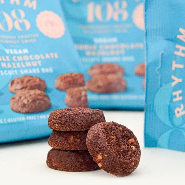 Rhythm 108 vegan double chocolate hazelnut biscuit share bag 135g, imported from the UK