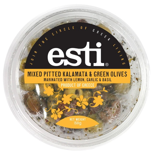 ESTI Greek mixed olives with lemon and garlic 150g, imported from the UK