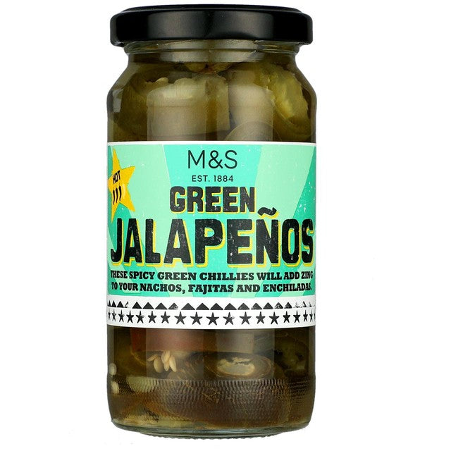 M&S green jalapeño pickled peppers 200g, imported from the UK