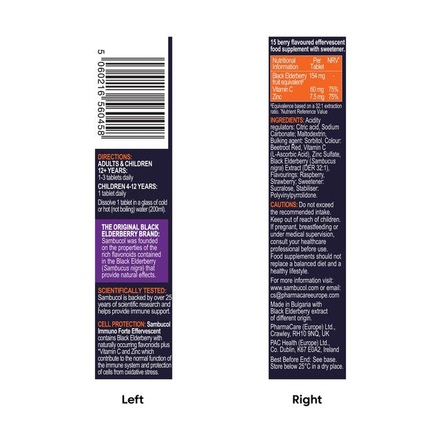 Sambucol Vitamin C Zinc Effervescent Tablets Berry 15 Pack (British brand)