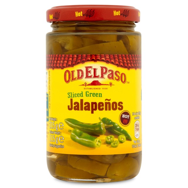 Old El Paso sliced green jalapeños 215g, imported from the UK