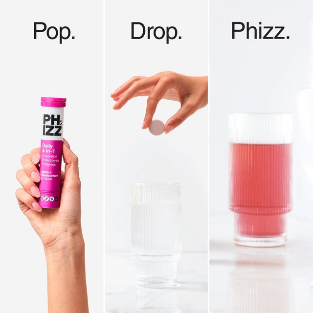 Phizz Apple & Blackcurrant hydration effervescent tablets 20 pack, imported from the UK