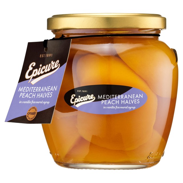 Epicure peach halves in vanilla syrup - British product