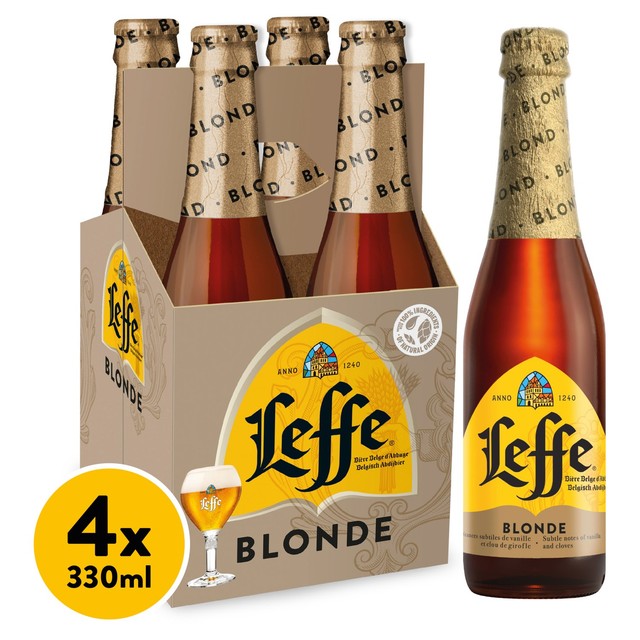 Leffe Blonde Lager beer 4 x 330ml bottles, UK version