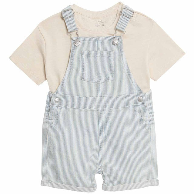 M&S boys striped bibshort and t-shirt set blue mix 3-6 months, imported from the UK