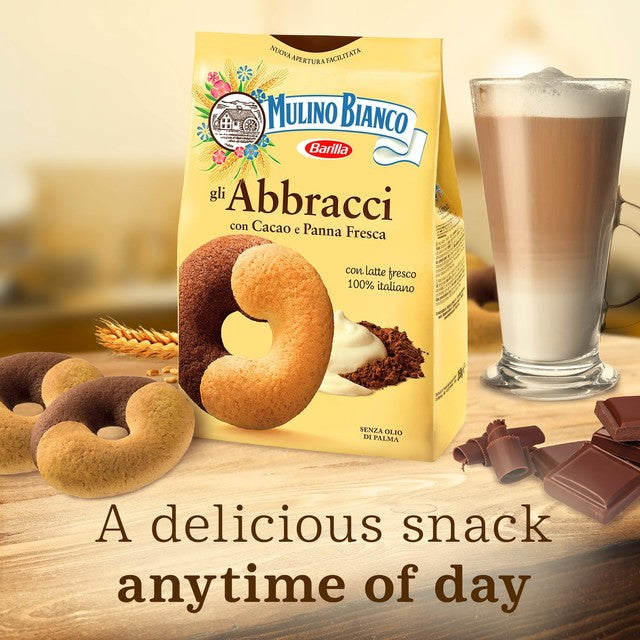 Barilla Mulino Bianco Abbracci biscuits with cocoa and cream 350g, imported from the UK