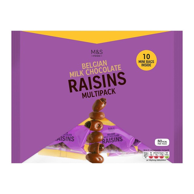 M&S Belgian Milk Chocolate Raisins 10x18g, imported from the UK