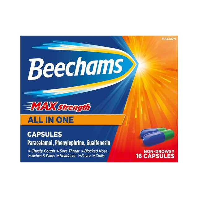 Beechams max strength cold and flu capsules 16 count, imported from the UK